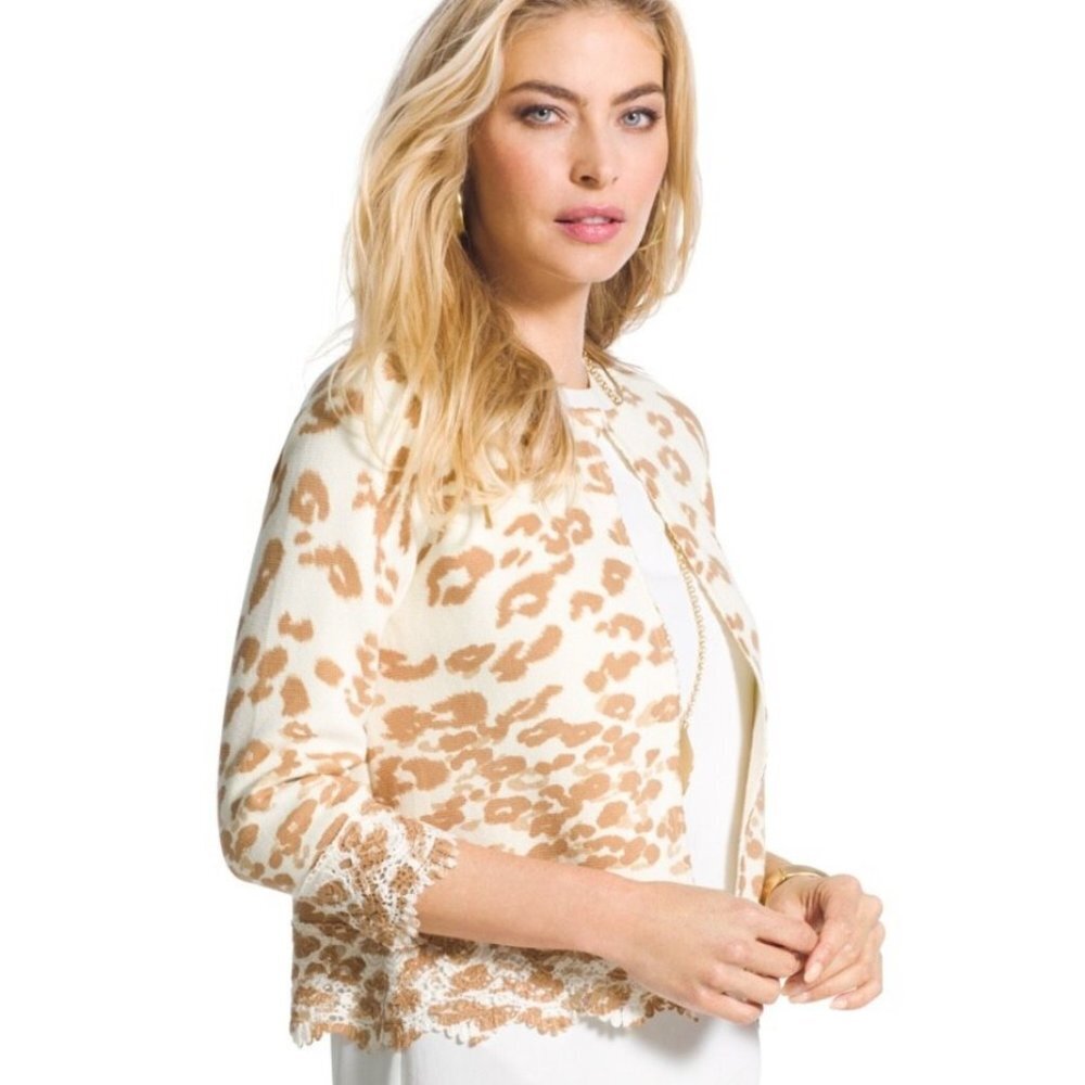 Chico's Cream & Brown Cheetah Lace-Hem Charlee Cardigan, Size 3 (US Size XL/16 )